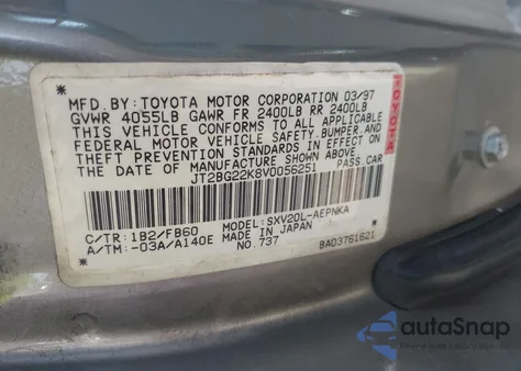 1997 Toyota Camry Le из США, поврежденный, VIN JT2BG22K8V0056251